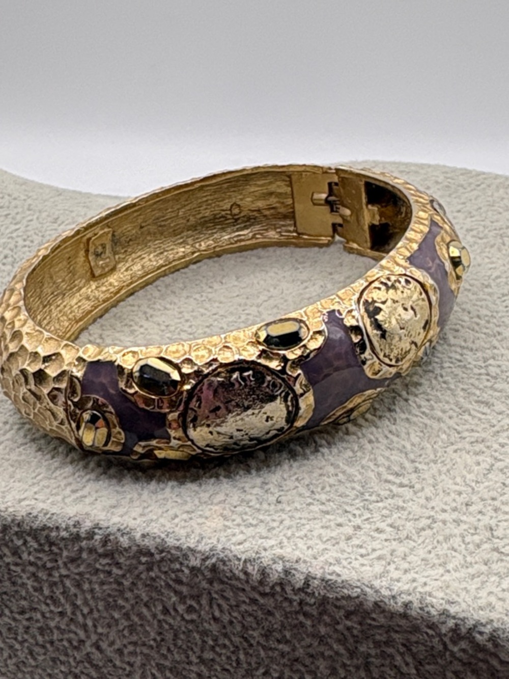 Tat2 Gold Tone Purple Enamel Textured Coin Style Bangle Bracelet
